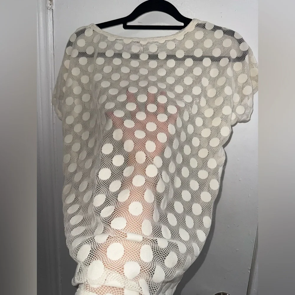 Poof Women Polka Dot Sheer Top Blouse in Ivory Beige Short Sleeve Shirt Raglan M - Picture 5 of 5